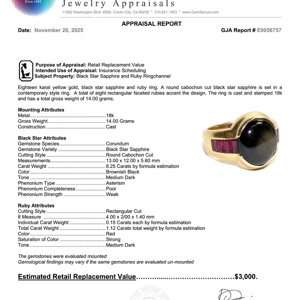 18K Yellow Gold Black Star Sapphire and Ruby Ring - Picture 5 of 5